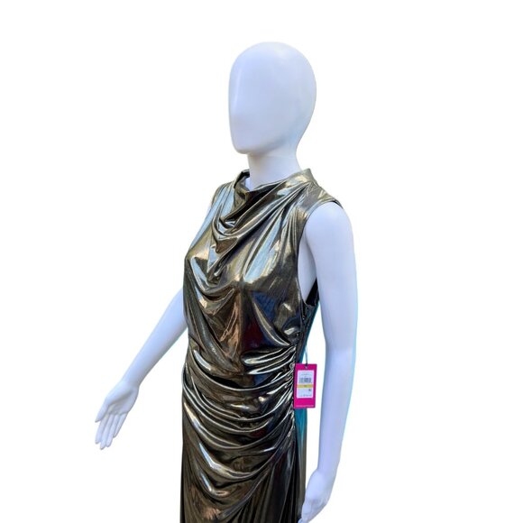 Vince Camuto Gold Metallic Draped Sleeveless Midi Dress Size 14 New With Tags Wo - Picture 6 of 12